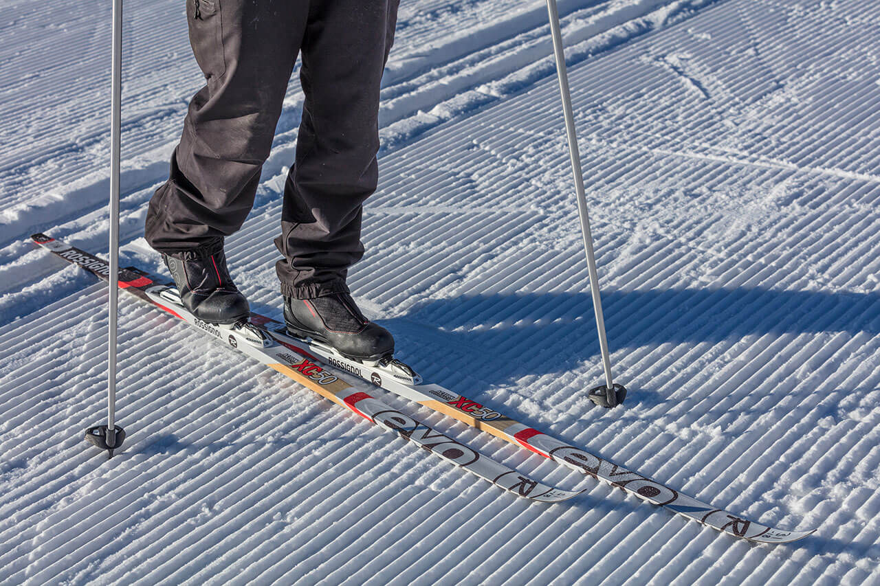 Closeup of person on skate skis.