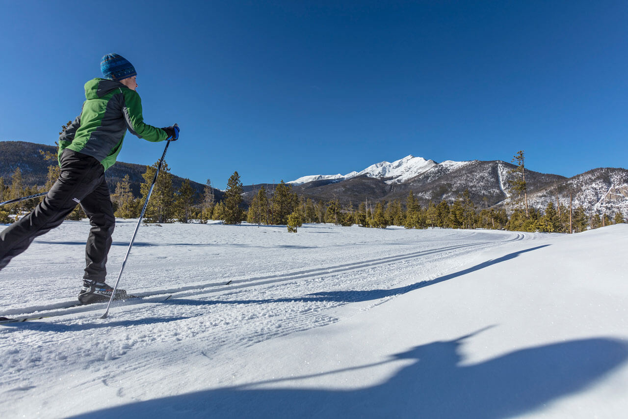 Person classic Nordic skiing at the Frisco Nordic Center.