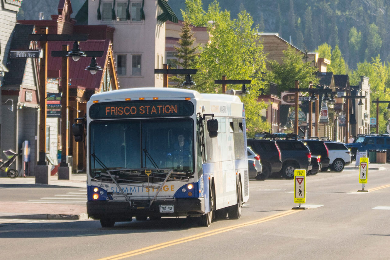 Summit Stage bus on Main Street in Frisco in the Summer.