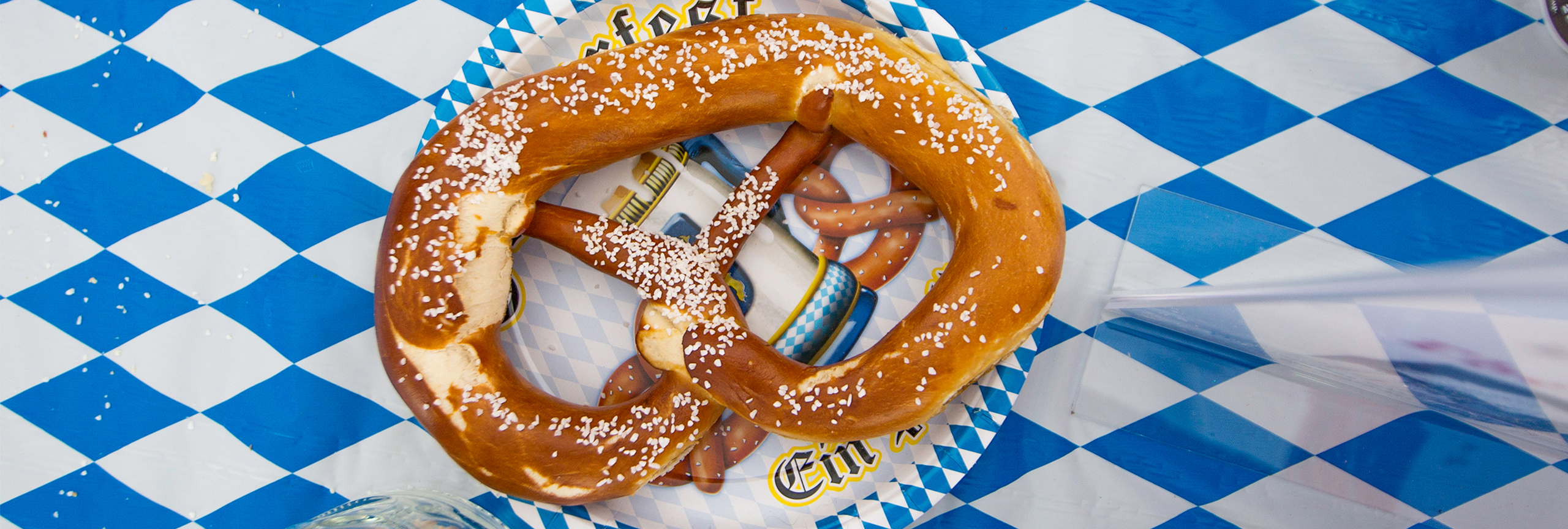 Closeup of pretzel on blue and white tablecloth.