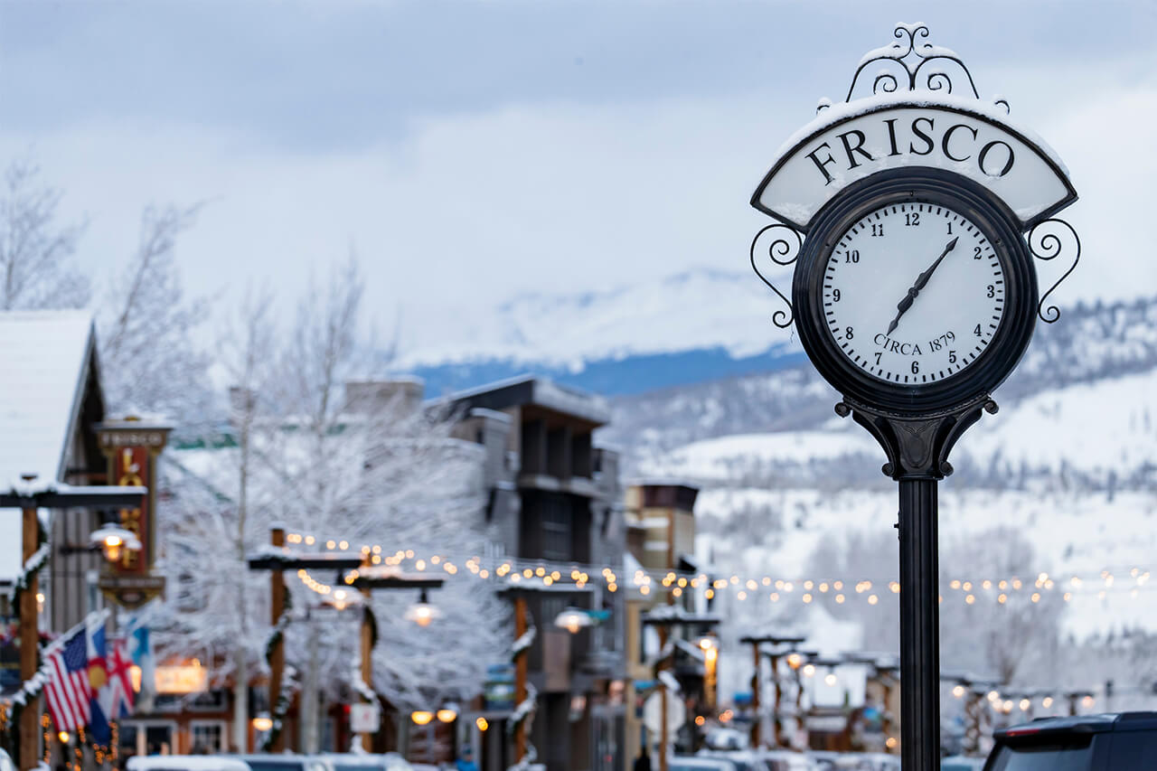 Close-up of Frisco Clock in the winter.