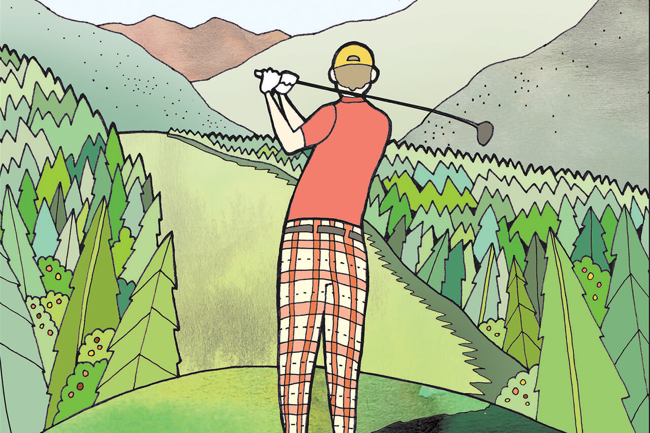 Illustration of a man golfing with pine trees and mountains in the background