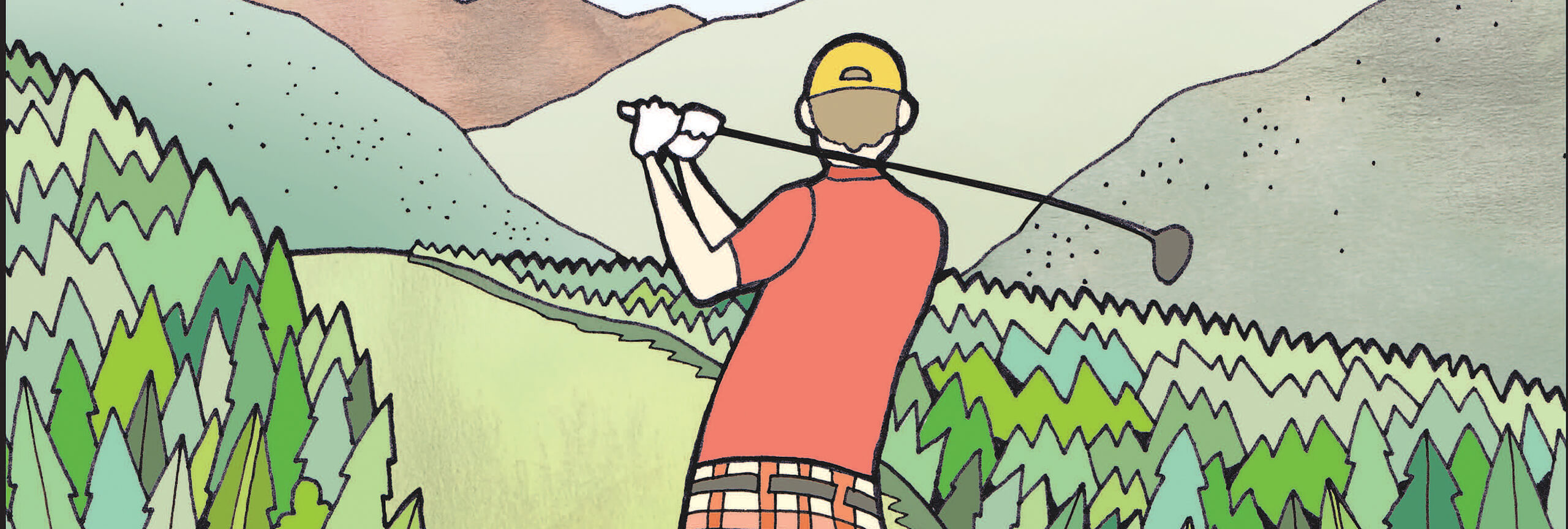 Illustration of a man golfing with pine trees and mountains in the background