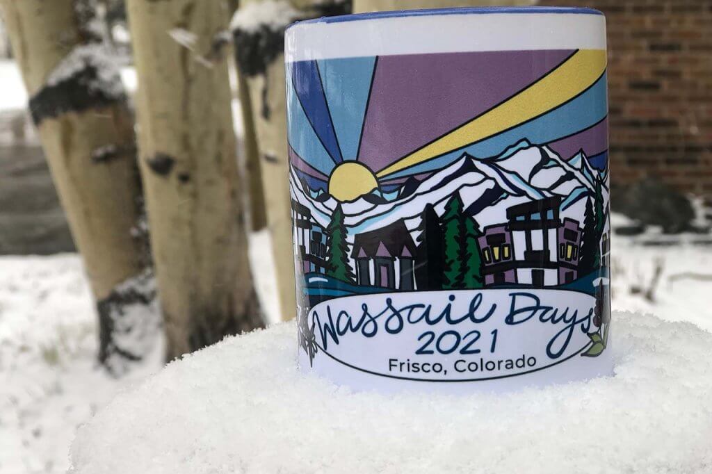 2021 Frisco Wassail Days mug with snow and aspens in the background