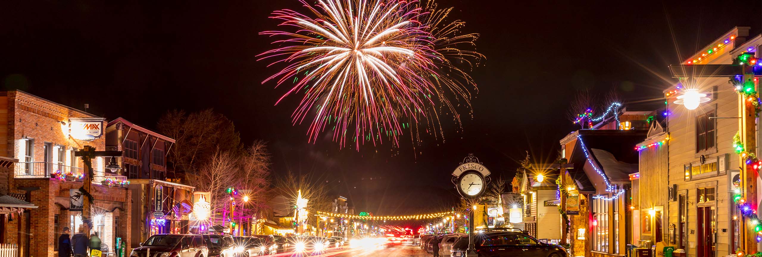Fireworks over Main Street in Frisco in winter