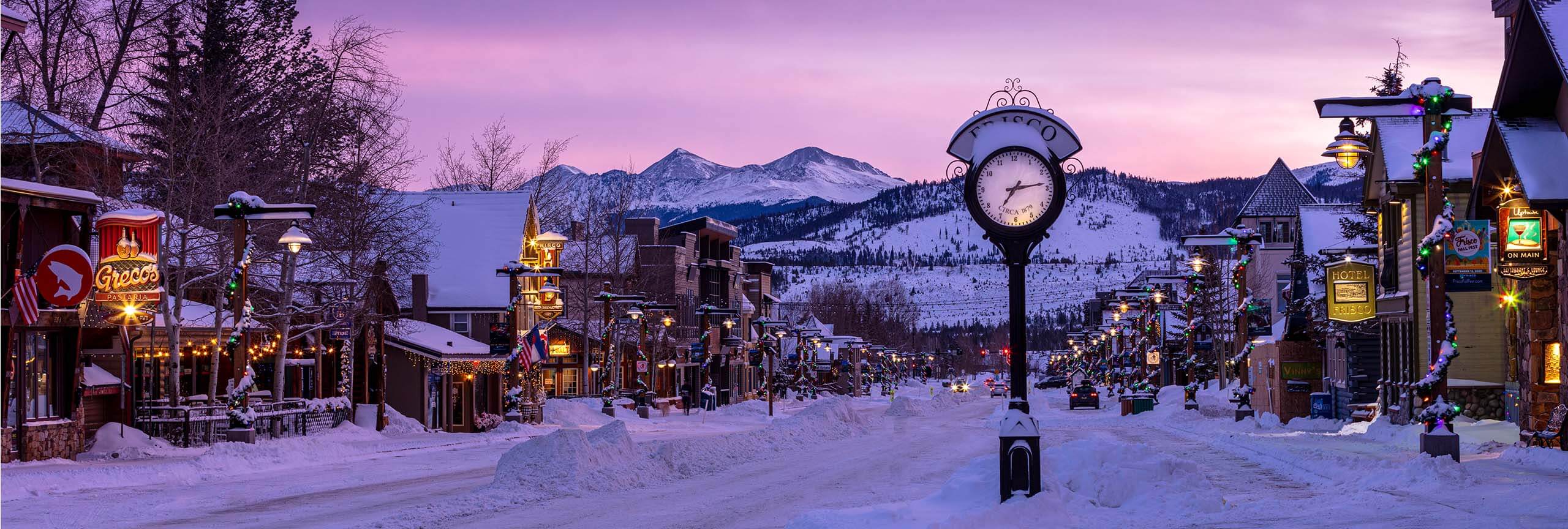 Frisco Main Street with snow at sunset