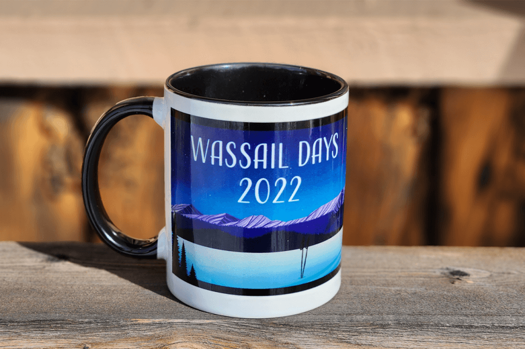 Closeup of 2022 Wassail Days commemorative mug
