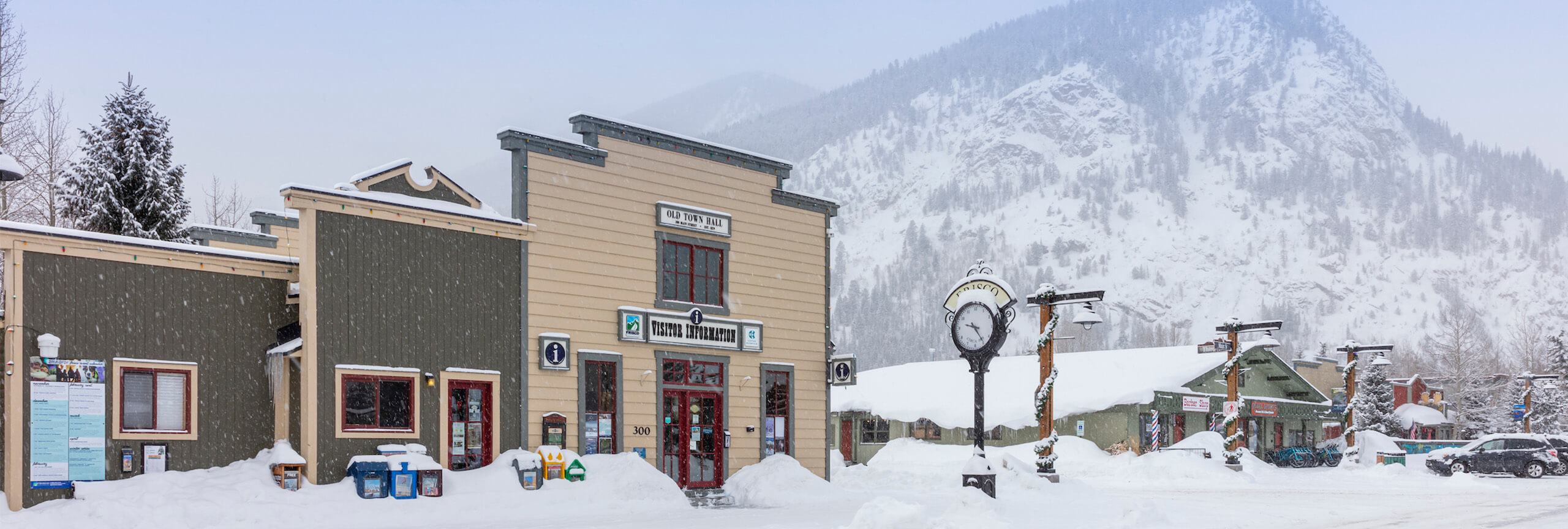Frisco Main Street and Info Center with snow