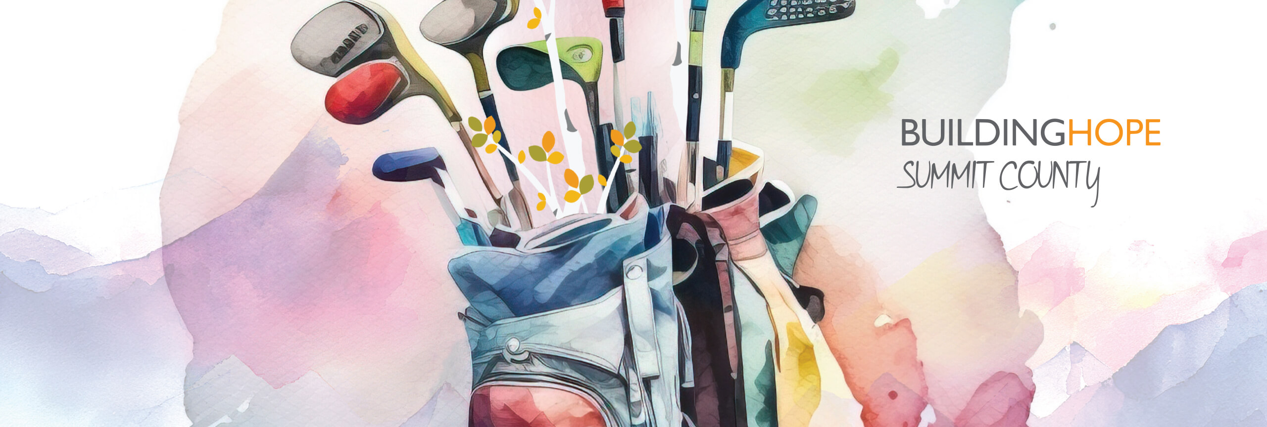 Watercolor image of golf clubs with the words Building Hope Summit County